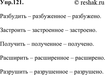 Изображение 121 Образуйте от глаголов страдательные причастия в полной и краткой форме среднего рода единственного числа.Образец: Восстановить — восстановленное —...