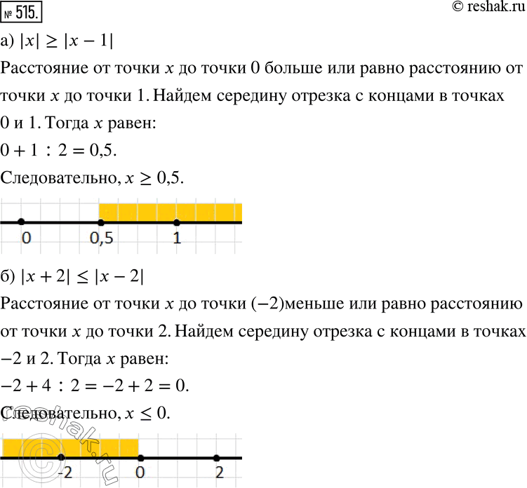 Изображение 515 Прочитайте неравенство, используя слово «расстояние», и найдите с помощью координатной прямой множество точек, координаты которых удовлетворяют этому...