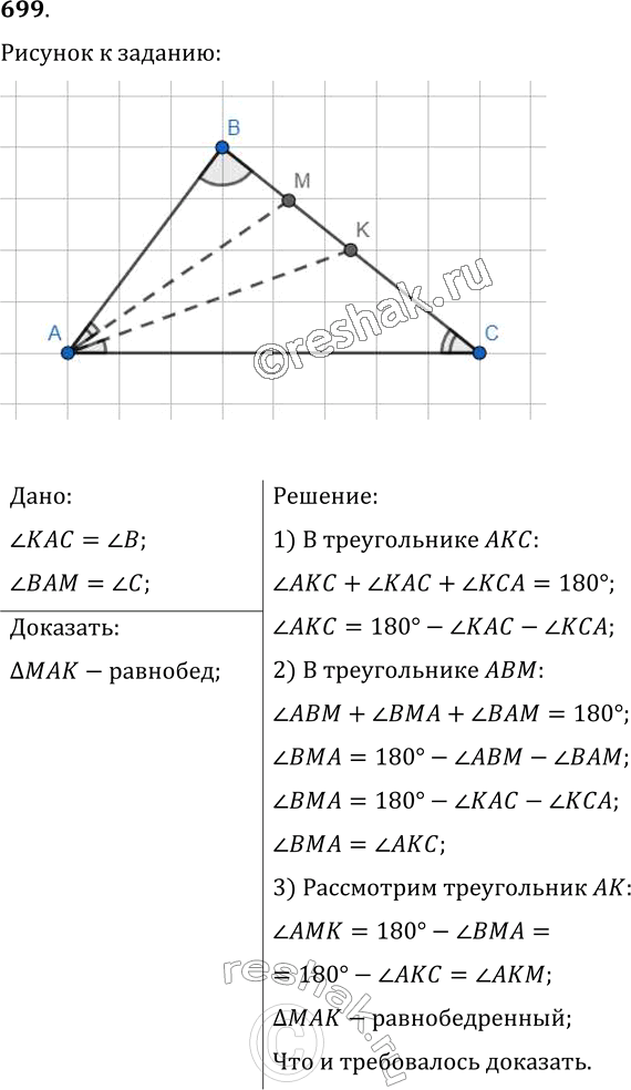 Изображение 699. На стороне BC треугольника АВС отметили точки М и К (точка М лежит между точками В и К) так, что ?КАС = ?В, ?В АМ = ?С. Докажите, что ?MAK...